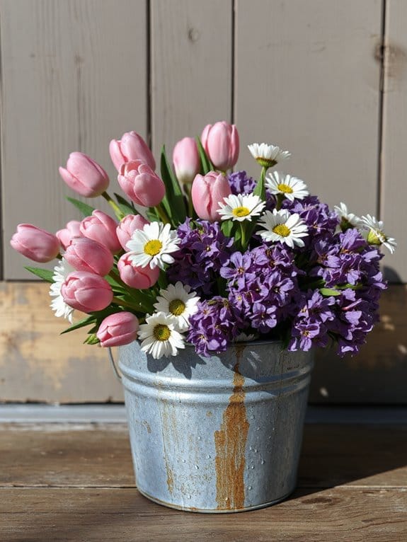 spring flowers in vintage tins