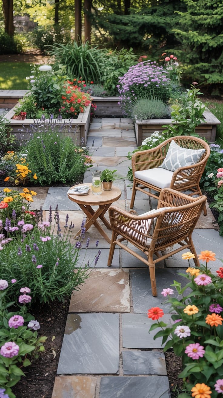 A relaxed backyard flower garden with clear zones - central patio with comfortable seating surrounded by raised beds of colorful low-maintenance flowers,
