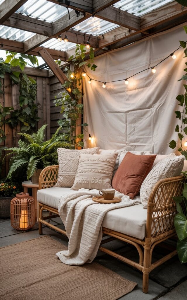 Covered patio, outdoor lounge, cushions piled high, soft blankets, fairy lights, cozy atmosphere, awning or pergola, no humans, warm lighting, sheltered space, coffee cup, rain-safe setup, shaded plants, inviting nook