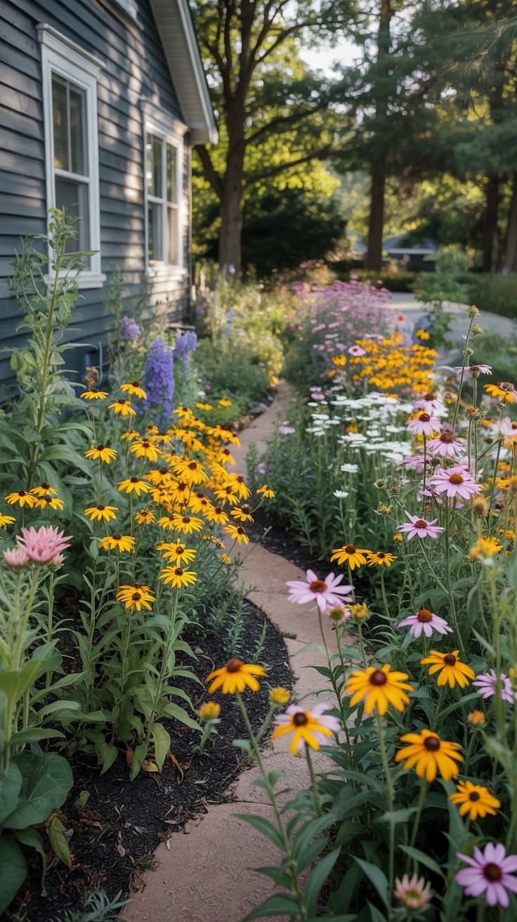 Next to a dark house, a peaceful landscaped garden unfolds, with wildflowers like black-eyed Susans, coneflowers, and coreopsis