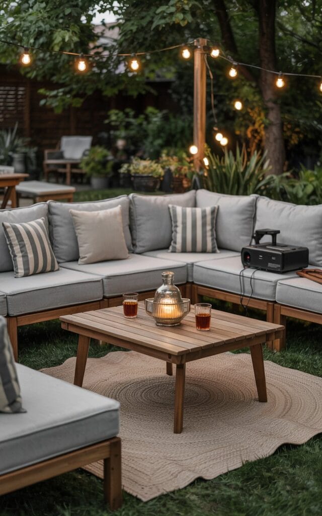 Modular outdoor sectional, rearrangeable seating, weather-resistant cushions, string lights, cozy corners, outdoor movie setup, drinks on table, no humans, modern lines, backyard gathering, warm evening, relaxed vibe