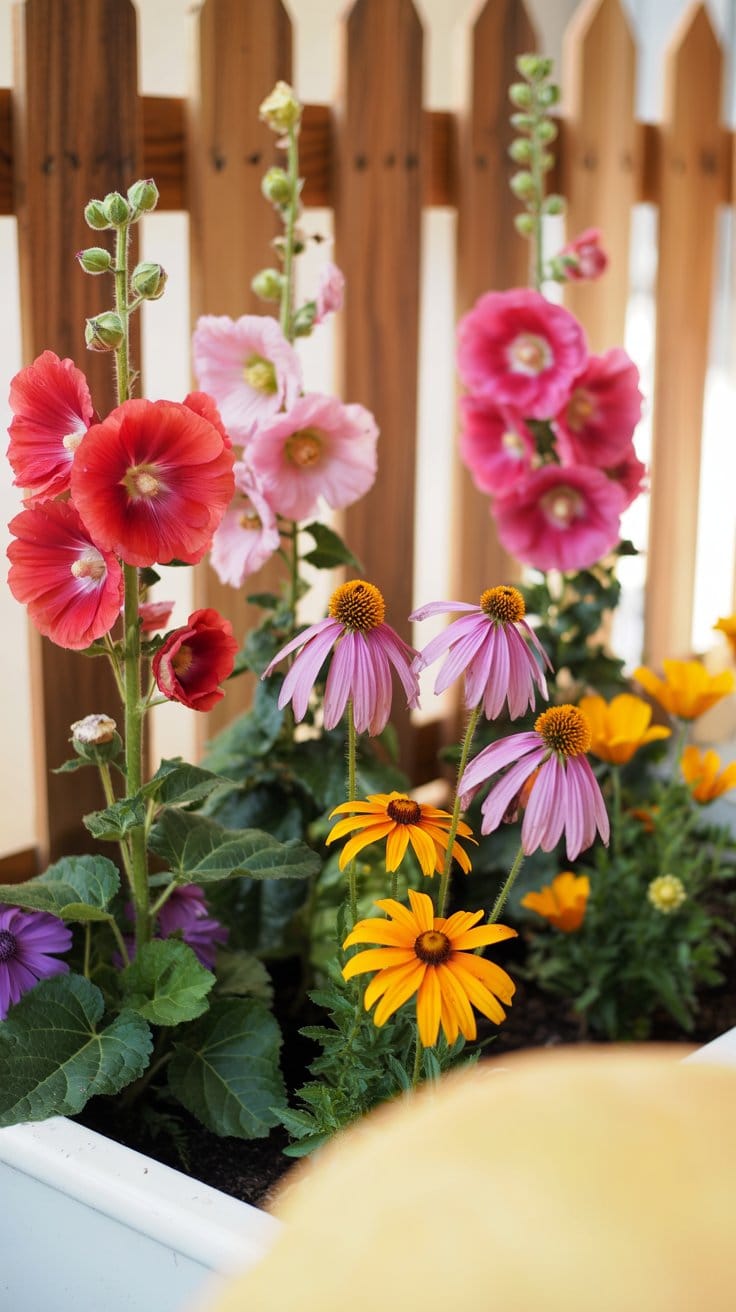 low-maintenance blooms in rich colors - tall red and pink hollyhocks, purple coneflowers, bright yellow rudbeckia