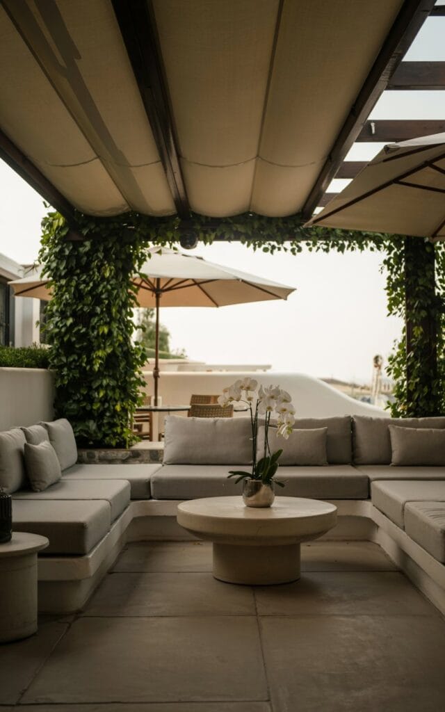 Retractable awning, oversized umbrellas, pergola with vines, sunken lounge, modular outdoor furniture, no humans, shaded outdoor seating, sleek contemporary design, cozy outdoor nook, relaxing patio space, sun protection