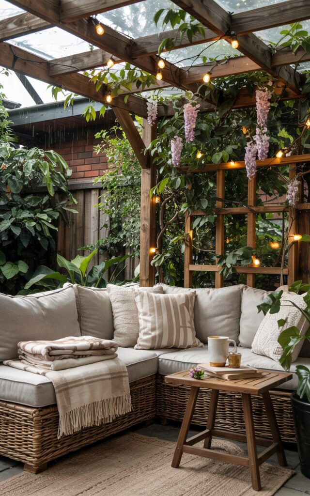 Sunken outdoor lounge, built-in benches, warm cushions, sleek pavers, natural stone or tile, gravel base, fire pit, cozy throws, lanterns, no humans, modern backyard design, sunlight, relaxed atmosphere