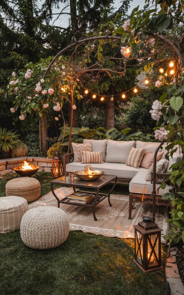 Backyard retreat, outdoor lounge, plush sectionals, garden swing, poufs, string lights, lanterns, cozy rug, blooming jasmine, fire pit, no humans, layered textures, fragrant plants, dusk lighting, relaxed vibe