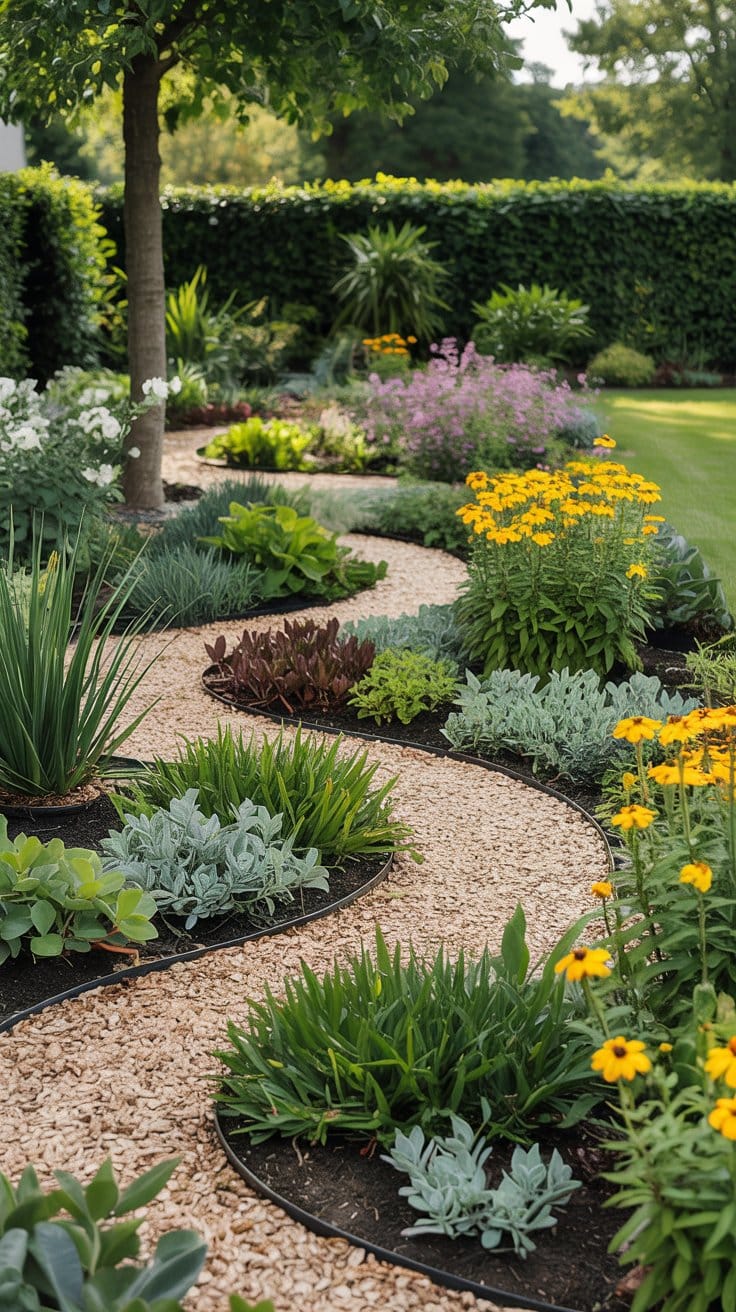 Low-maintenance garden with simple shapes and grouped plantings. 