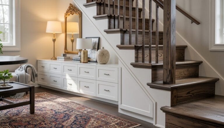Eye-level view of white custom drawer system with seamlessly integrated dors, under dark wood stairs, soft morning light, clean styling