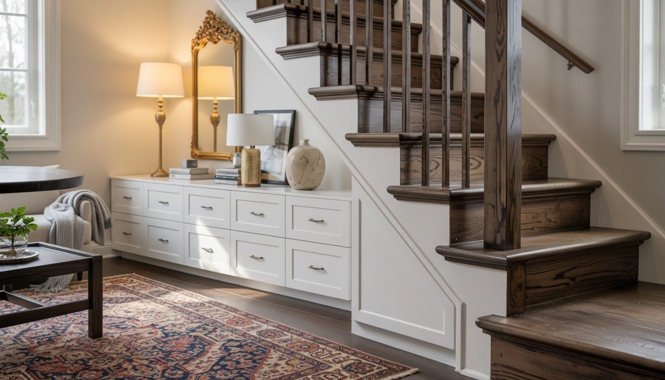 Eye-level view of white custom drawer system with seamlessly integrated dors, under dark wood stairs, soft morning light, clean styling