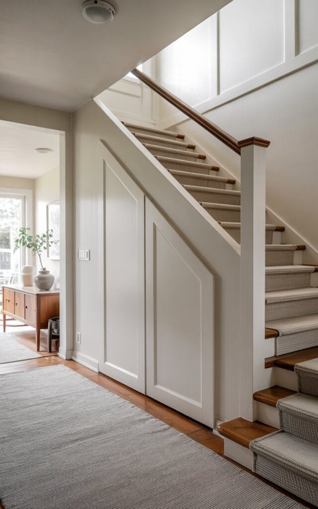 Interior view of seamlessly integrated hidden door under stairs with white paneling, no visible hardware, clean hallway design showing closed position.