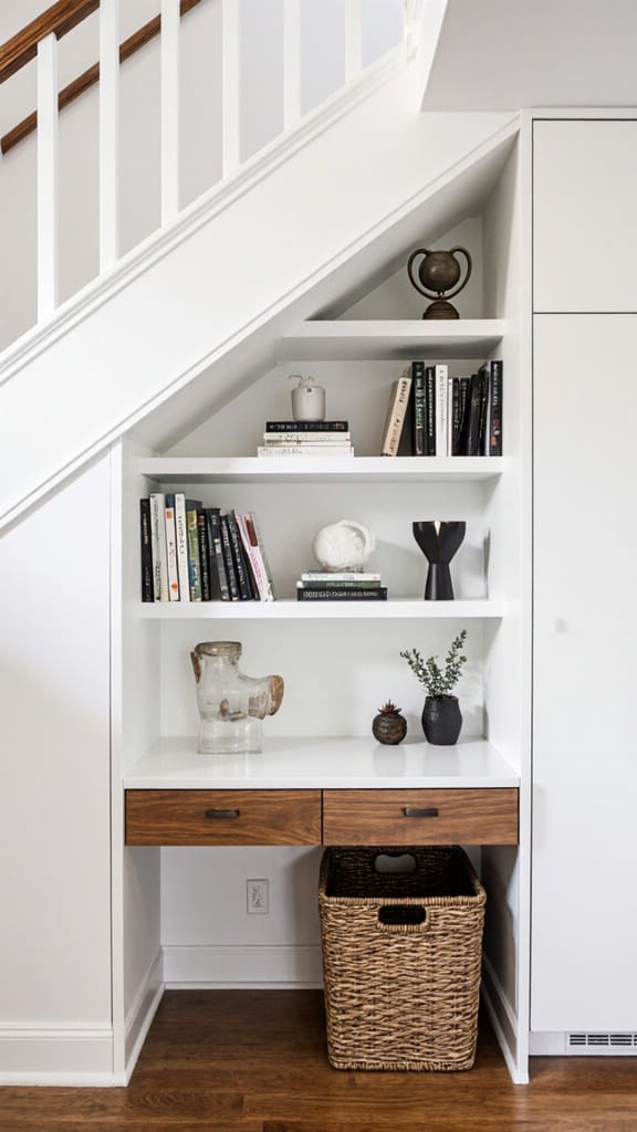 Interior shot of built-in desk area under stairs with white floating shelves holding books, decorative items, and storage baskets, contemporary styling with wood accents.