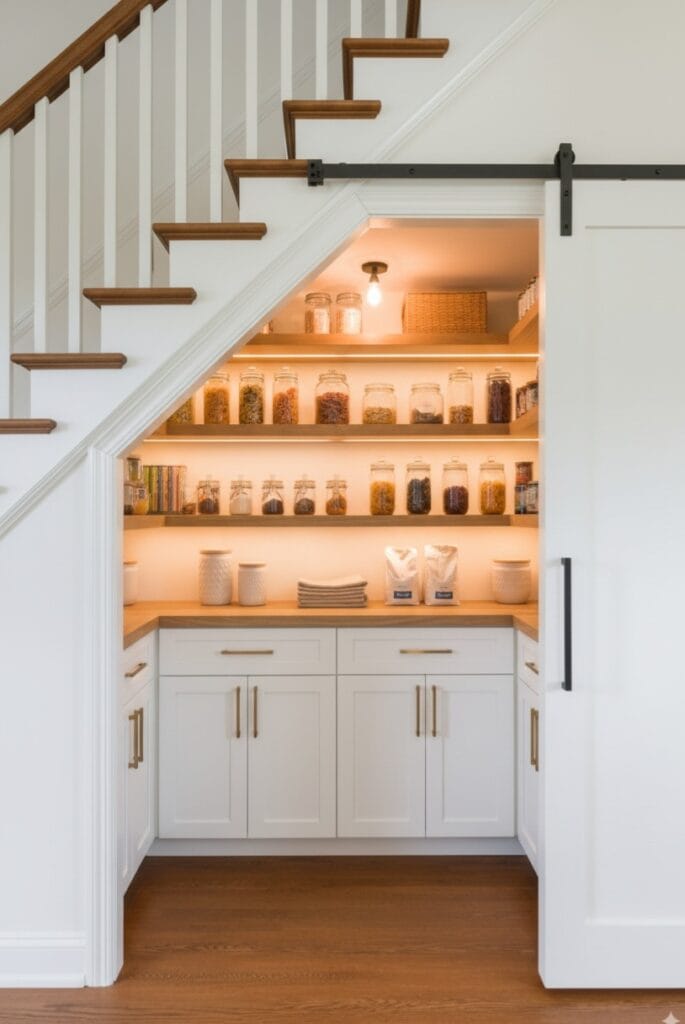 Photo of under-stair pantry with white door open revealing organized shelves with everyday items like cereal boxes, canned goods, and storage containers, wooden floor, overhead lighting.