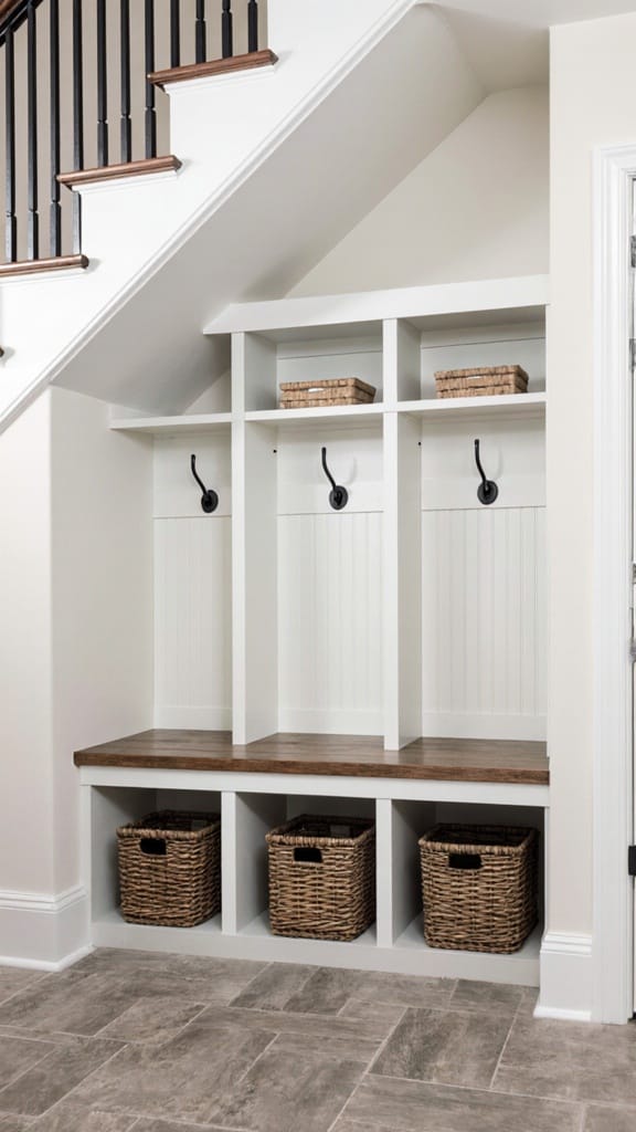 Photo of organized mudroom under stairs with built-in bench, storage cubbies, hooks