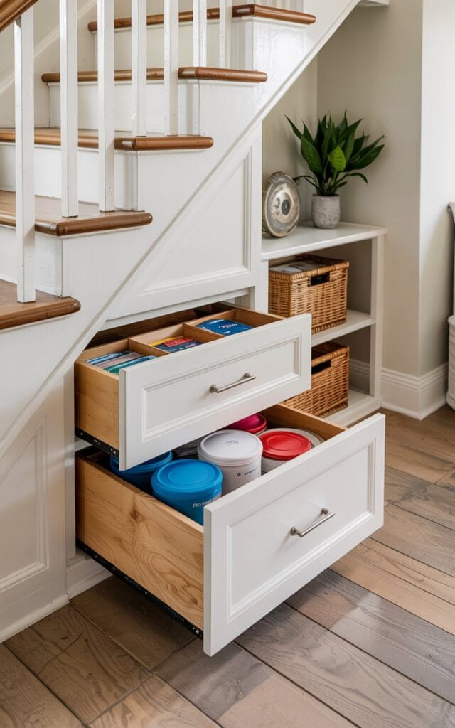 Interior photo of white custom drawer system built into under-stair space with two drawers open showing organized storage containers, light wood flooring, contemporary home setting.