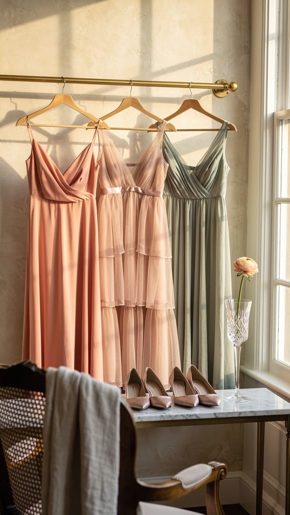 Bridesmaid dress colors for spring wedding in Peach Fuzz crepe, blush chiffon, and sage voile