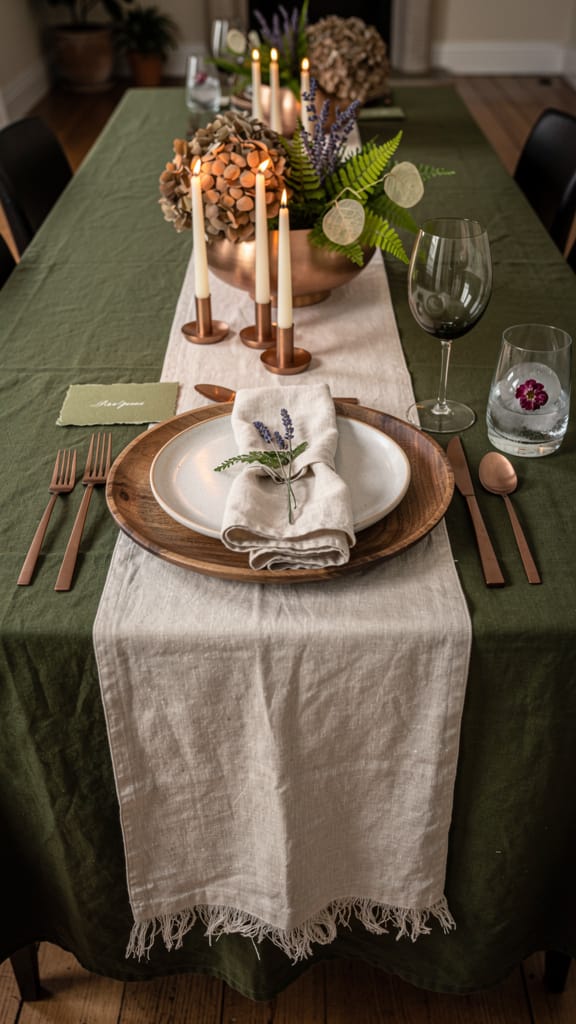 Green spring wedding table setting with olive linen, dry flowers decor, and copper vases