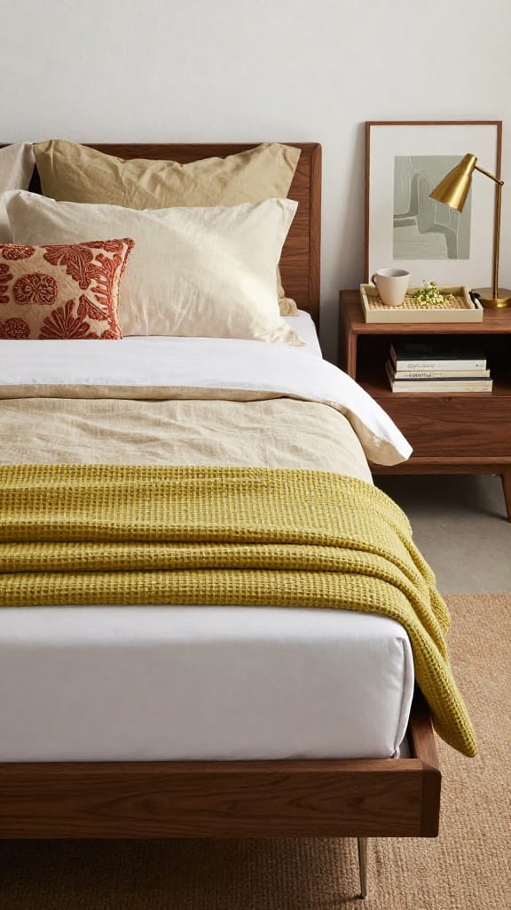 Spring bedding layers with white percale, sand linen duvet, and waffle throw in honeydew green