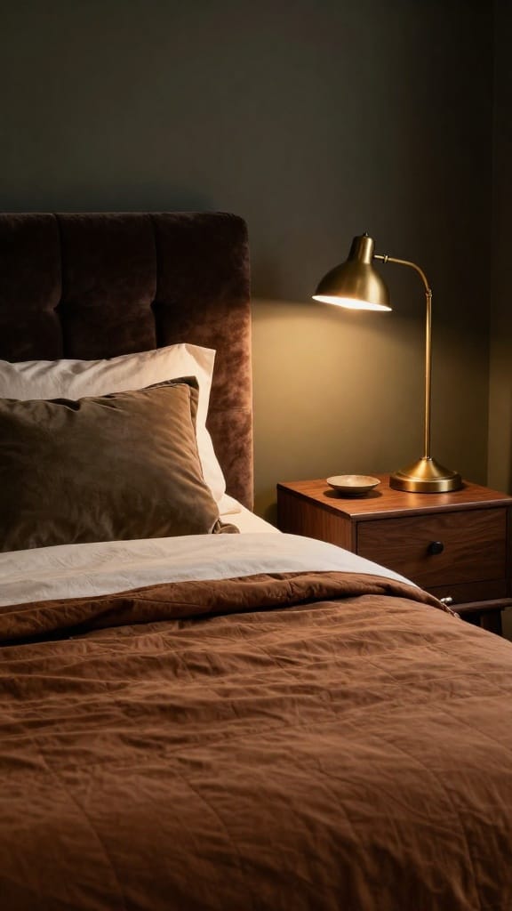master bedding ideas for dark headboard with ivory sheets, tobacco coverlet, and brass lamp glow