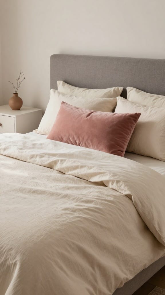 grey headboard master bedding with oat Tencel duvet and dusty-rose lumbar pillow