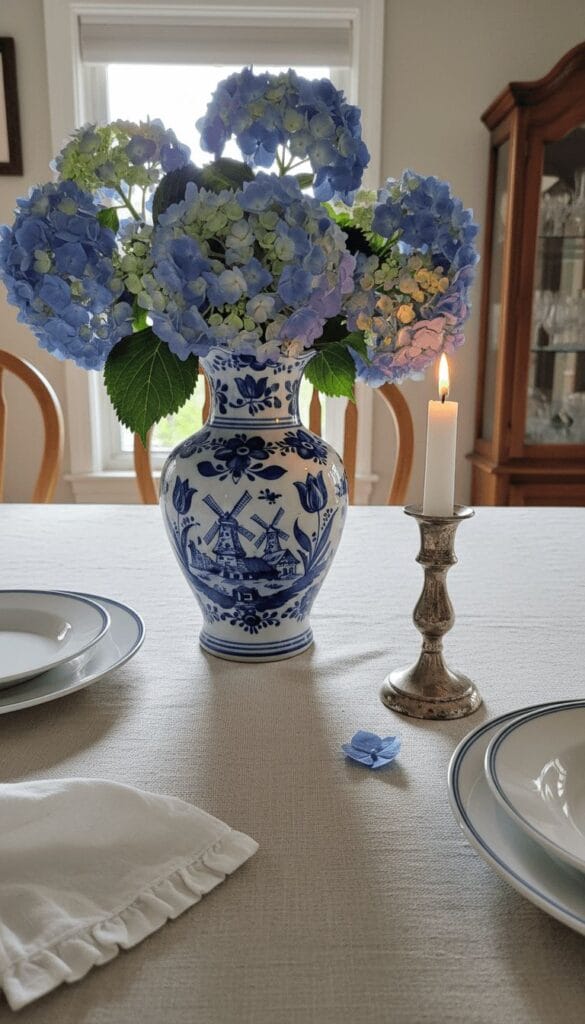 blue and white spring centerpiece with hydrangeas in Delft porcelain vase and silver candlestick
