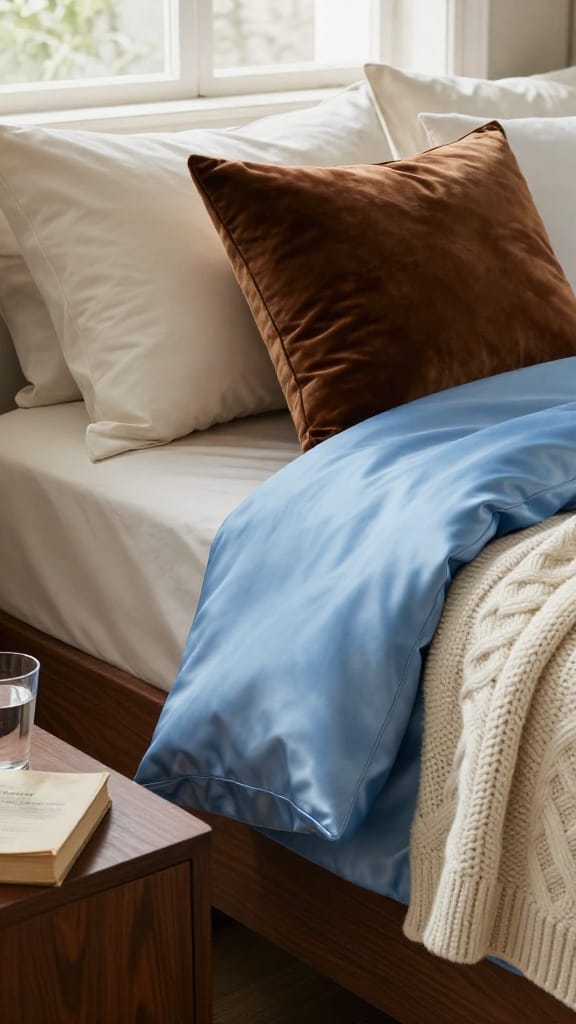 blue and white master bedding with cornflower sateen duvet and espresso velvet lumbar close-up