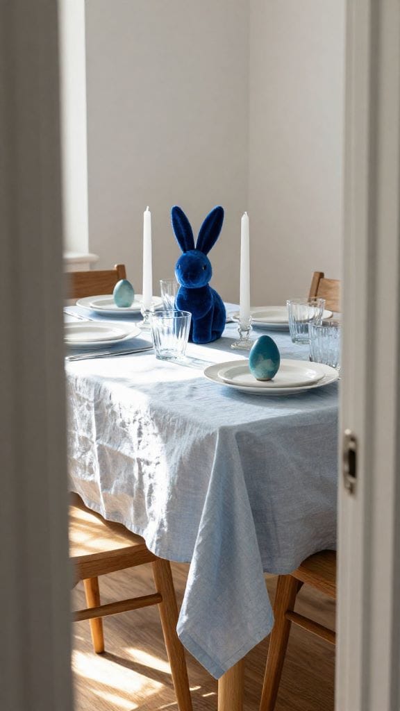Blue Easter table decorations with teal ceramic egg, cobalt velvet bunny, and pale blue linen tablecloth