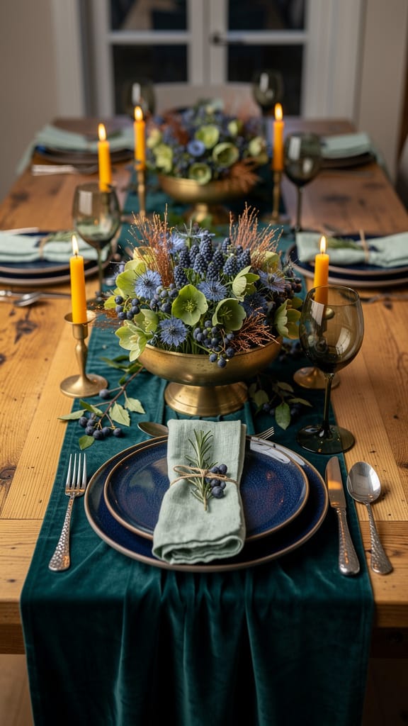 Blue spring wedding palette with teal runners, smoked glass, and lavender on walnut table