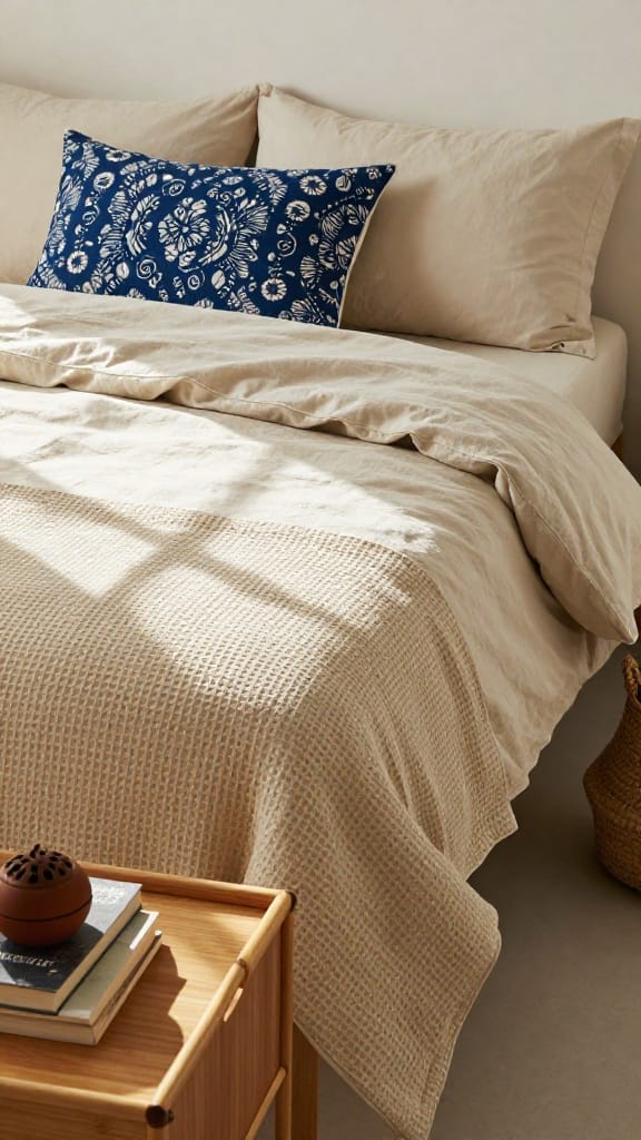 boho master bedding with indigo block-print lumbar, waffle-weave coverlet, and bamboo tray