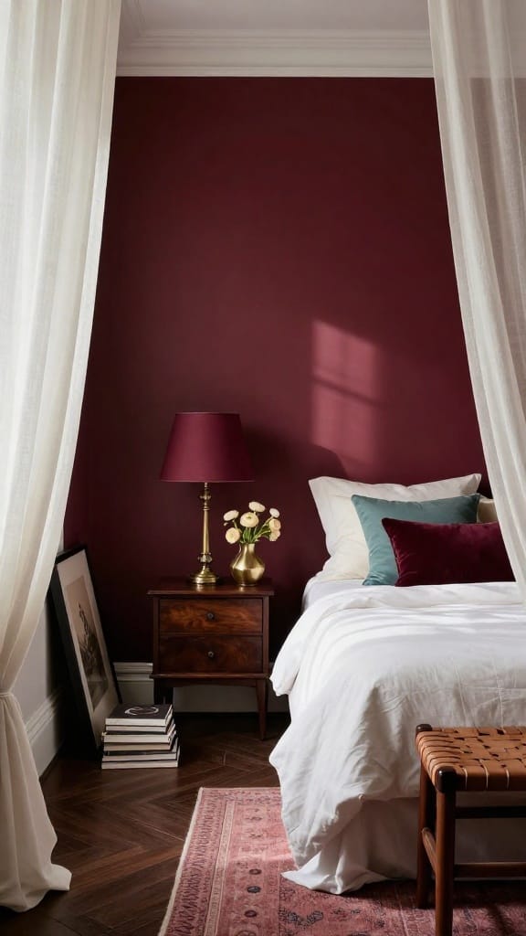 Bold burgundy matte accent wall in spring bedroom with turquoise cushion and brass lamp