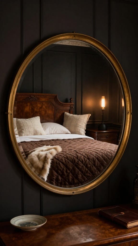 brown master bedding with espresso matelassé coverlet, flannel shams, and warm lamp glow