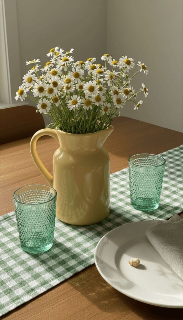 butter yellow spring centerpiece with daisies in ceramic pitcher on gingham runner