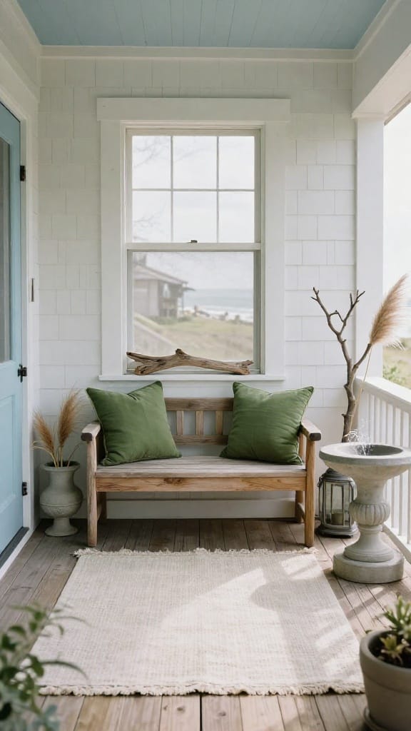 coastal spring porch decor with sea-oat urns and washed-oak bench on bleached cedar deck