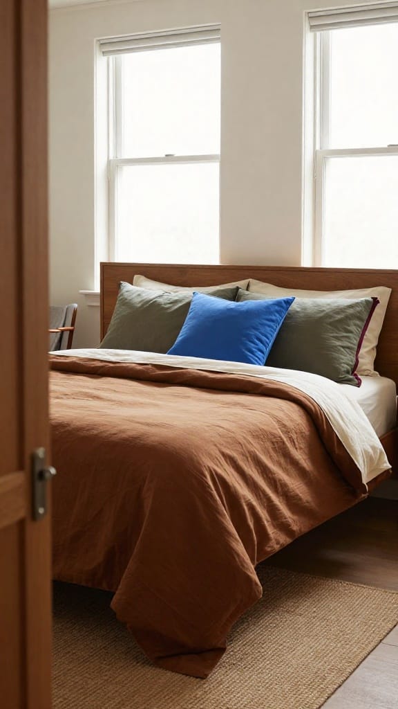master bedding color combos with tobacco linen duvet, olive shams, and cornflower blue lumbar