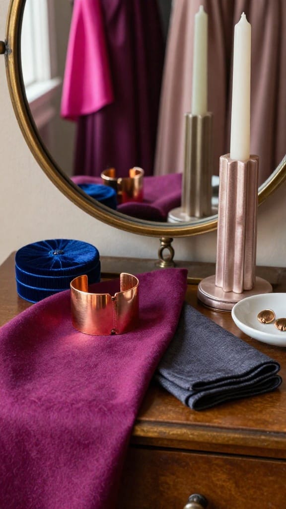 Spring wedding colors for deeper skin tones with orchid, cobalt, and copper accessories