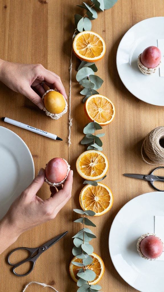 DIY Easter table decorations with hand-dyed eggs in macramé holders, dried orange garland, and paint pen on wood table
