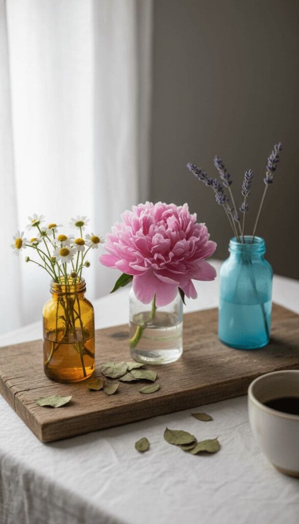 DIY spring centerpiece with mismatched jars and wildflowers on wooden tray