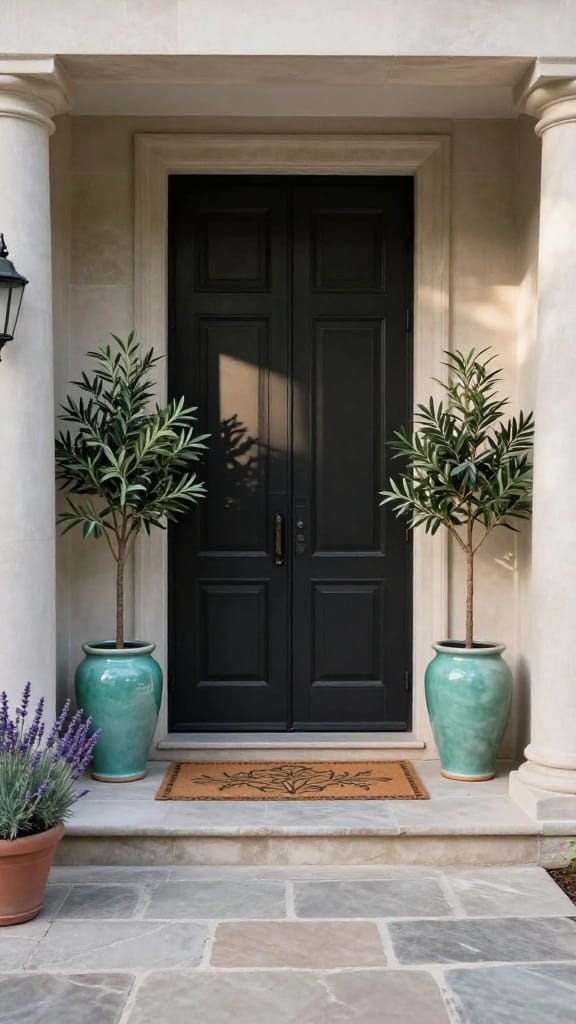 spring porch decor at double doors with asymmetric celadon and gray planters on limestone entry