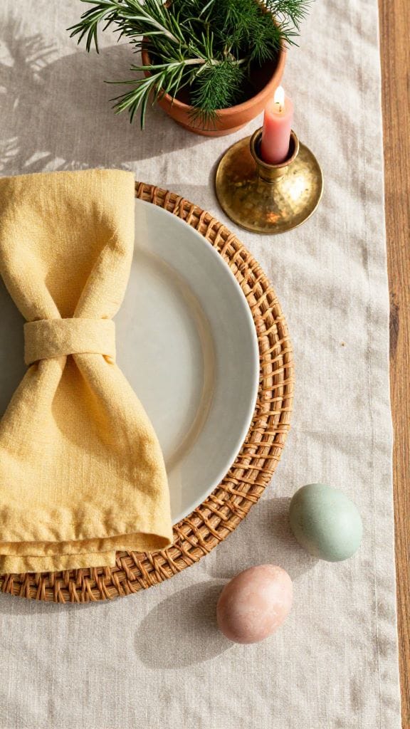 Easter table decorations in earthy pastels with sage plate, rattan charger, and herb centerpiece on linen runner