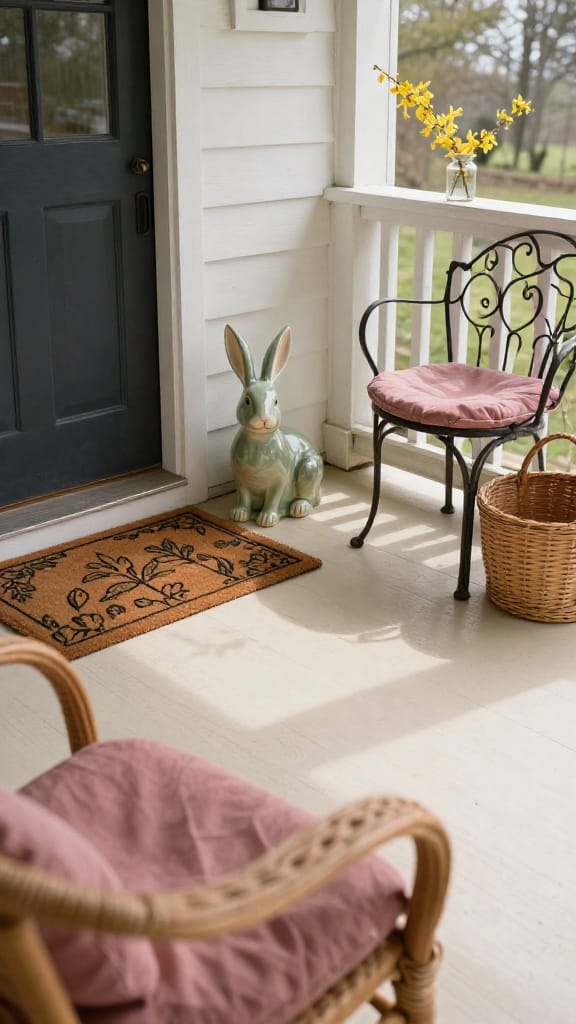 Easter spring porch decor with ceramic rabbit planter and aged cast-iron bistro chair