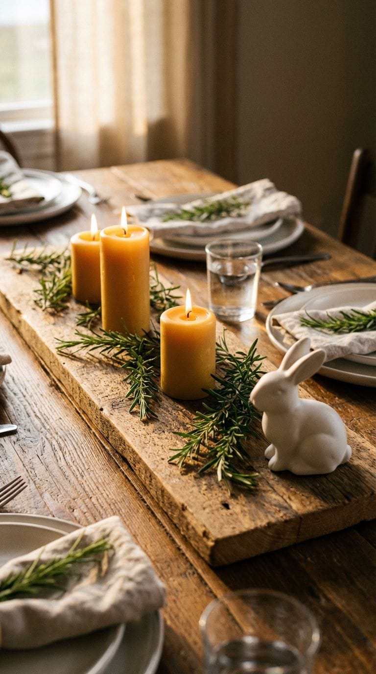 Easter centerpiece with wooden board, beeswax candles, rosemary sprigs, and ceramic bunny on dining table