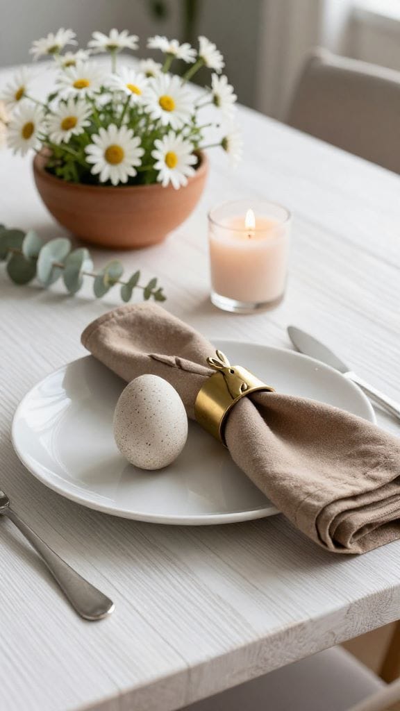 Easter table decorations with speckled stone egg, white stoneware plate, and daisy centerpiece on oak table