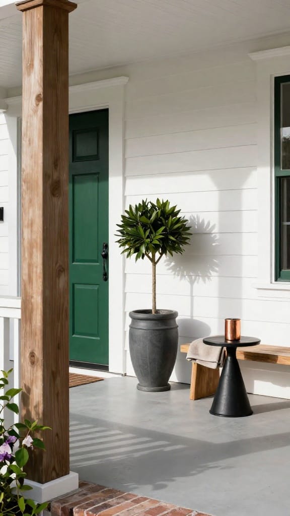 spring porch decor with matte terracotta planter and faux bay leaf topiary on farmhouse porch