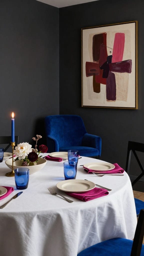 Bold spring wedding colors with fuchsia dress, cobalt velvet chair, and neon signage in ballroom