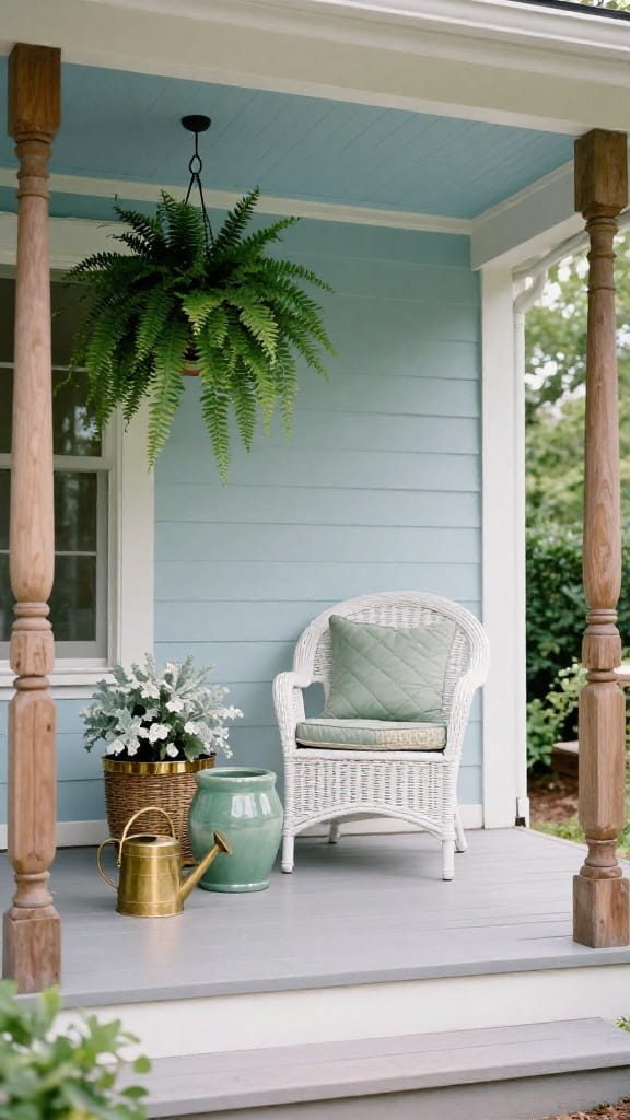 grandmillennial spring porch decor with brass-edged wicker planter and haint-blue ceiling