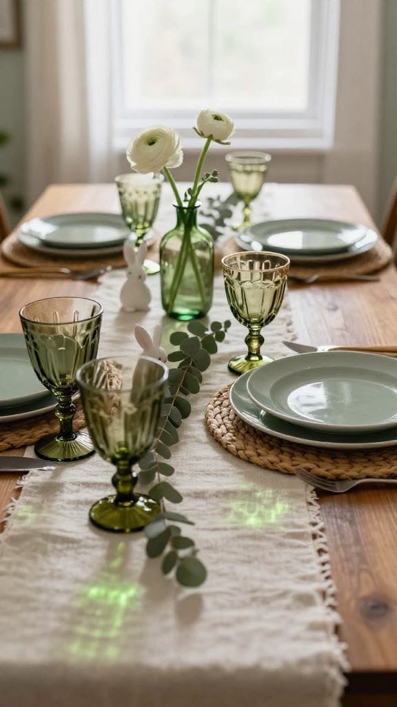 Green Easter table decorations with sage plates, olive glassware, eucalyptus runner, and white ranunculus