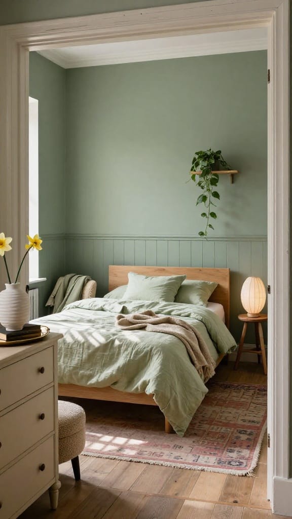 Green spring bedroom with smoky eucalyptus walls, honeydew green linen bedding, and sage cushions