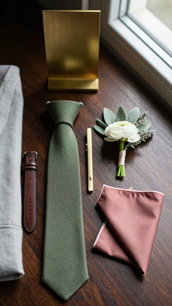 Spring wedding groomsmen colors with olive tie, brass tie bar, and dusty-rose pocket square