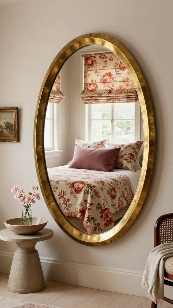 Heritage floral spring bedroom with faded rose print linen bedding and Roman blinds