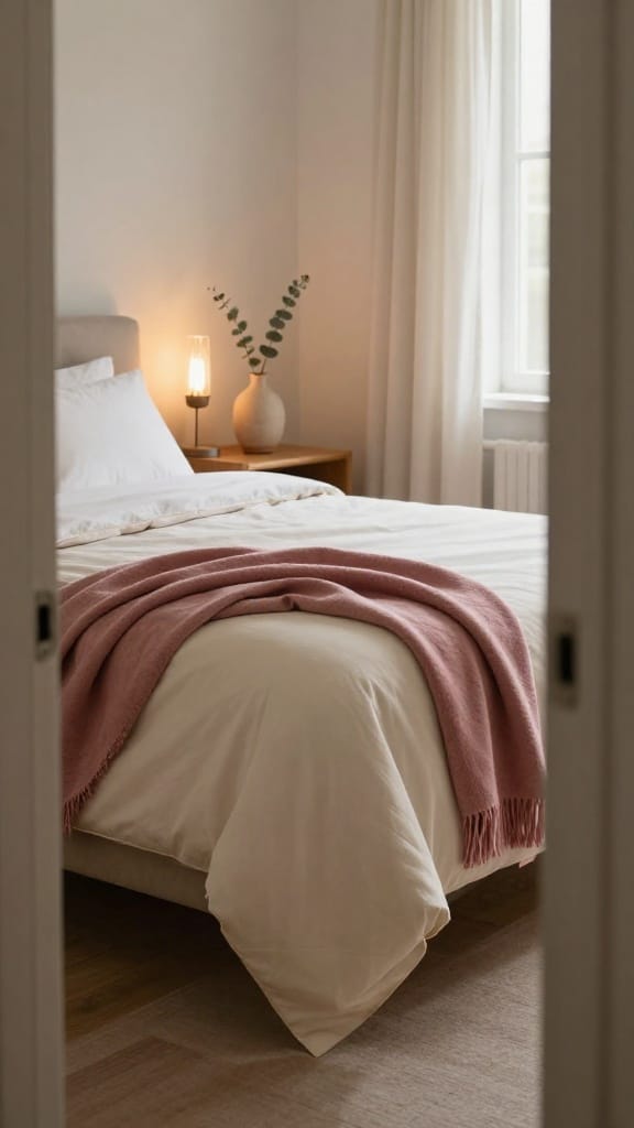 hotel style master bedding with ivory percale, cotton duvet, and mohair throw seen through doorway