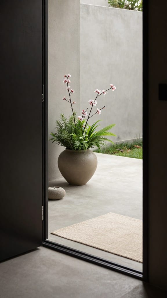 simple spring porch decor with single warm putty planter candle and cream doormat