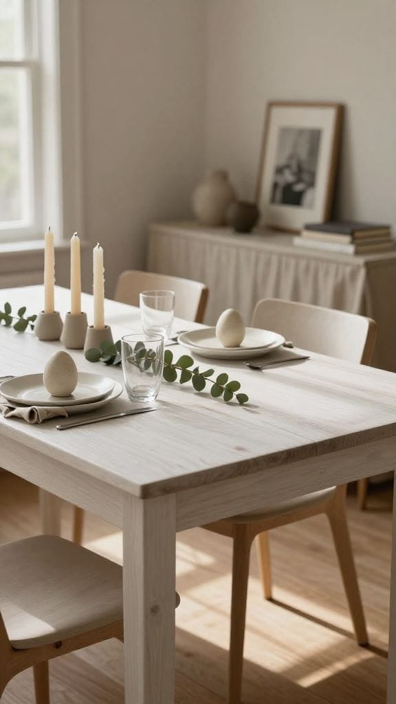 Minimalist Easter table decorations with hand-thrown ceramic eggs, eucalyptus, and staggered candles on bare oak